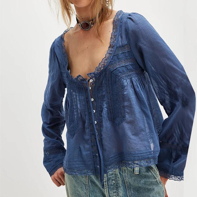 Women Y2k Vintage Long Sleeve Lace Up Blouse Scoop Neck Open Front Tie Lace Trim Crop Ruffle Solid Color Shirt