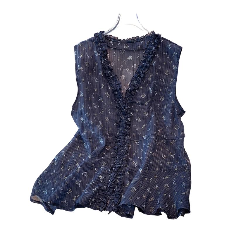 La Chapelle Floral V-Neck Sleeveless Ruffle Top XL