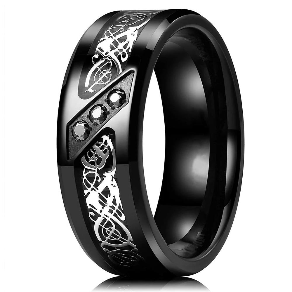 Fashion Couple Rings Women's White Rhinestones Zircon Ring Sets Men's Stainless Steel Celtic Dragon Rings Wedding Band Jewelry