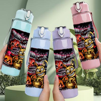1 יחידה פוסטר דמות משחק Five Nights בקבוק מים מפלסטיק צבעוני 750 מ"ל מכסה עם קשית מתקפלת אטום לדליפות לשימוש בספורט, במשרד, בבית