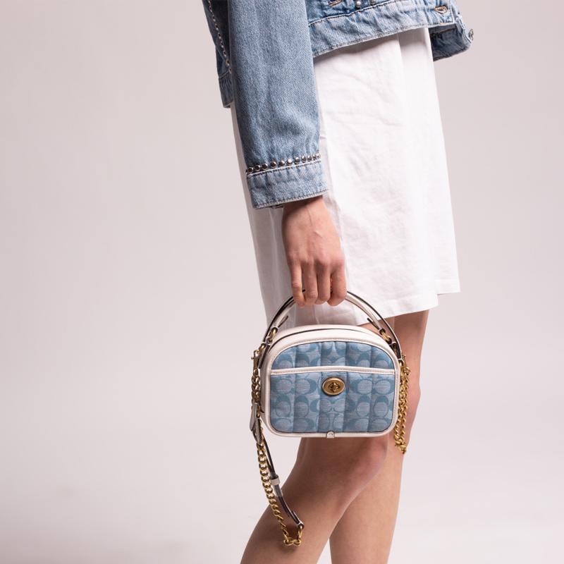 COACH Lunchbox fragrant bud all over print linen and glove tanned leather shoulder crossbody handbag small size women's blue presbyopia