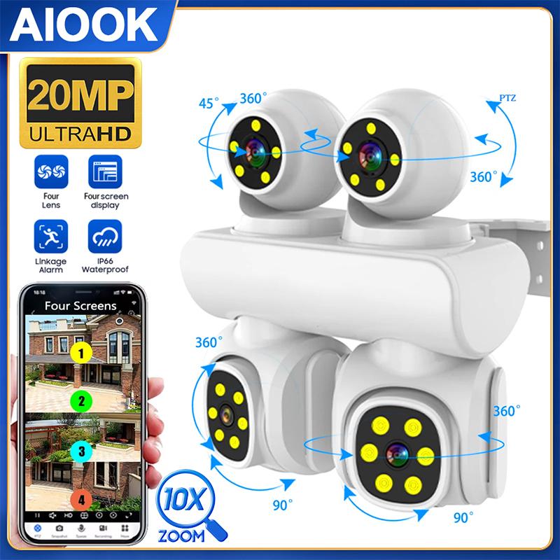 

AIOOK HD 20MP Four Lens WIFI Camera Four PTZ Panoramic Tracking Two Way Intercom AI Recognition Colour Night Vision IP CCTV Four lens