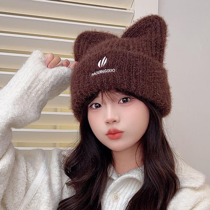 Japanese Cute Woolen Hat for Women in Autumn and Winter Fashion Versatile Ear Protection Pullover Hat Big Head Circumference Cat Ear Knitted Hat