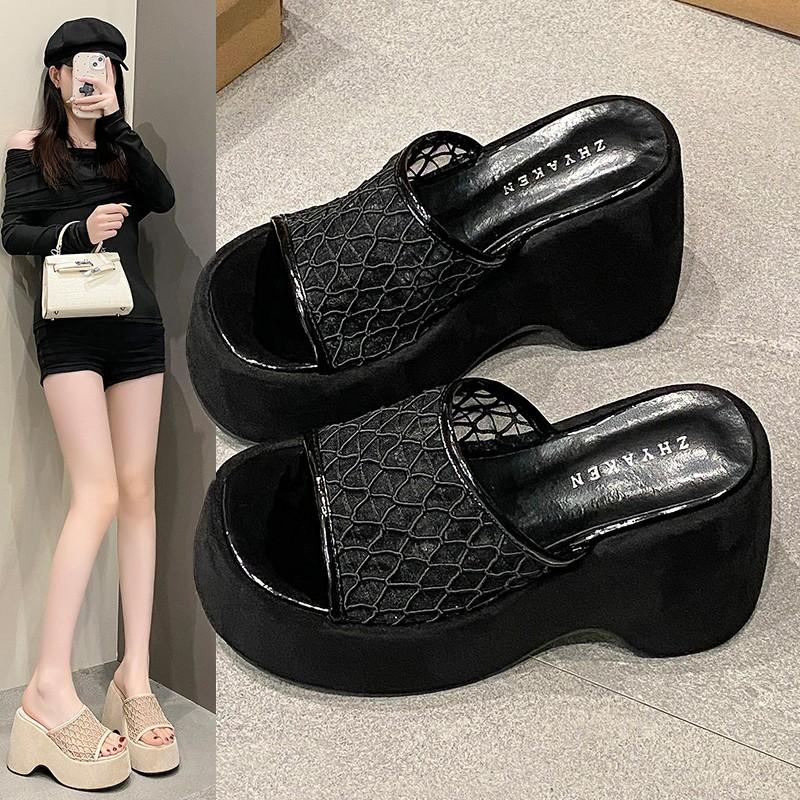 Sloping Heel Lace Mesh One-line Slippers, Summer Toe-exposing Shoes Slimming Thick-soled Cool Slippers
