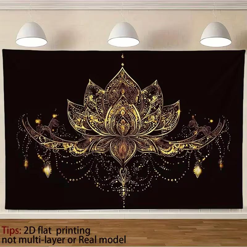 

2D Zen Black & Gold Background Cloth Glowing Lotus with Ornate Details Decor 47.2x31.5inch/120*80cm