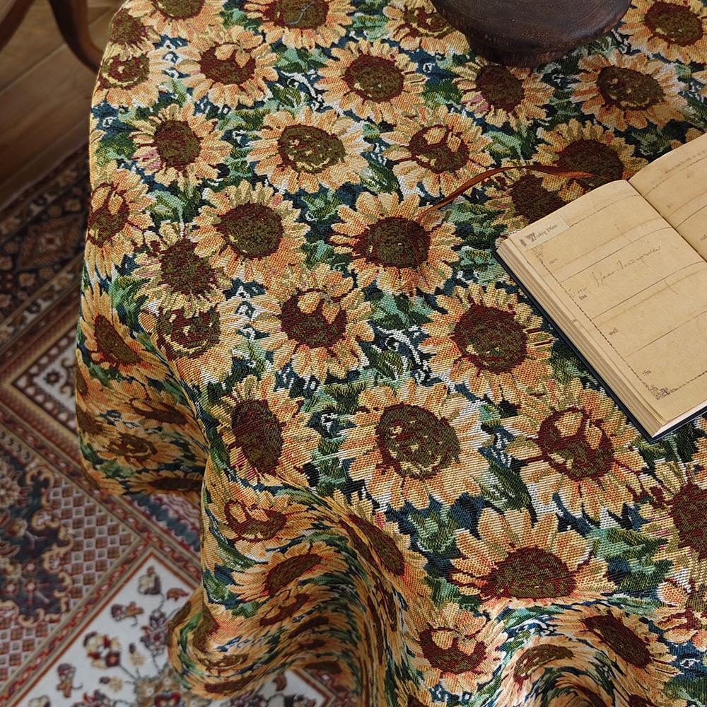 1 PC American Countryside Style Sunflower Round Table Tablecloth, Decorated With Retro Polyester Fiber Rectangular Thick Dust-Pr