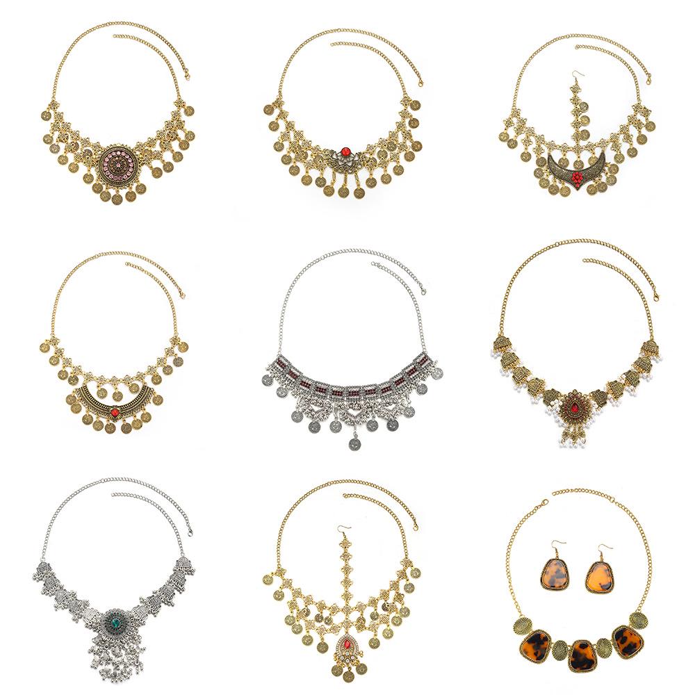 Bohemian Exotic Rhinestone Tassel Necklace & Earrings Set In Antiqued Alloy