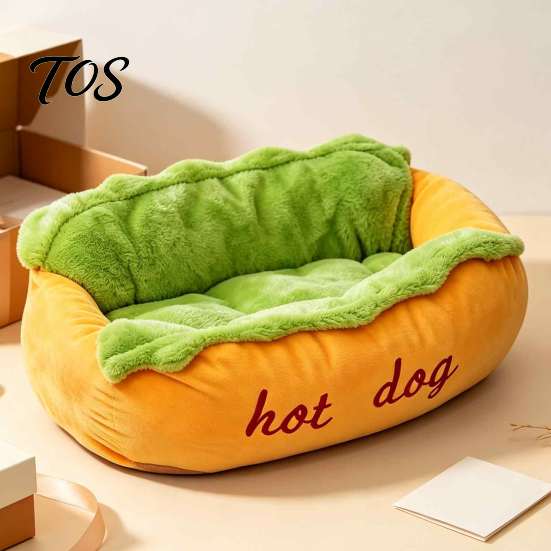 Indoor Pet Nest Hot Dog Bed, Soft Cozy Plush Removable Washable Mat, PP Cotton Cushion Cute Bun Bed for Cats Dogs, Novelty Sofa Decorative