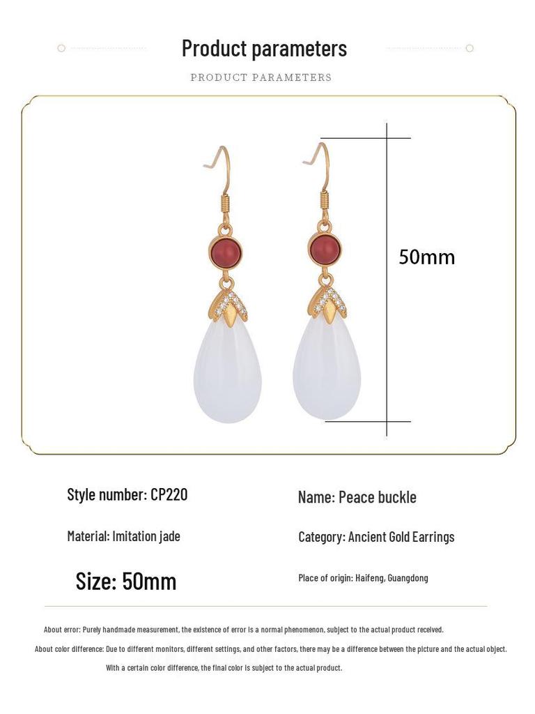 Damen Sommer 2021 Retro Chinesisches Design Ohrringe: Imitation Hetian Jade mit südlichen roten Steinen, Tropfen- und Steckerstile