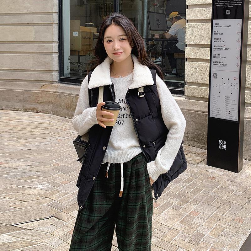 Lamb wool splicing down cotton vest women's autumn and winter waist thin medium and long vest jacket