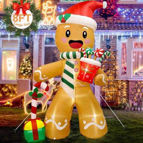 Lighted Christmas Inflatable Figurine Large Cute Blow Up Snowman Penguin Gingerbread Man Santa Ornaments with Built-in LED Light for Lawn Party Decor
