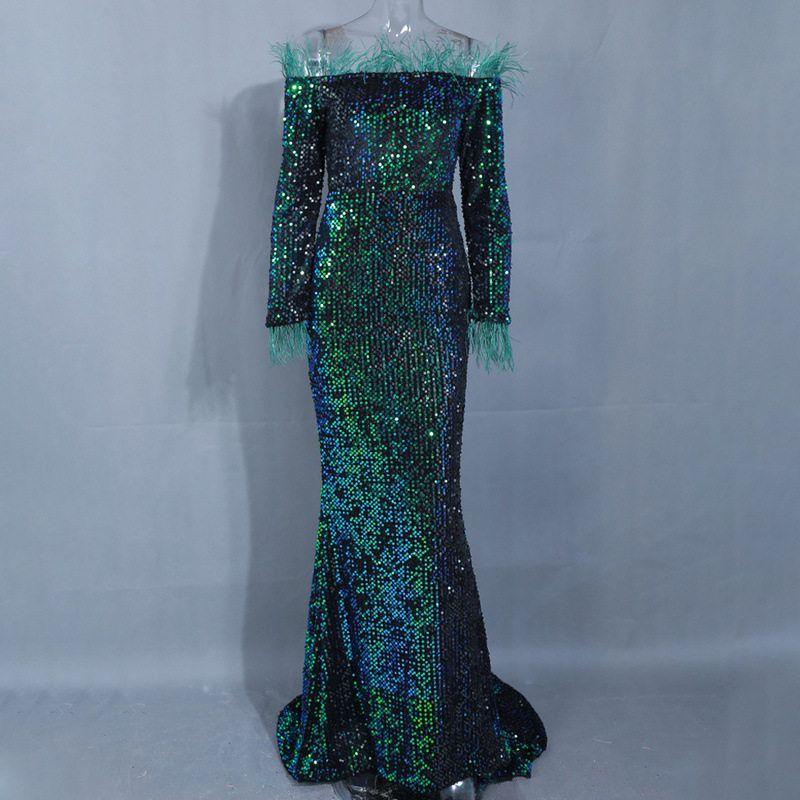 Cross-Border Sequined Evening Dress for Women, New European and American Style, Feather Long-Sleeve Party Gown, Long Dress for Toasting