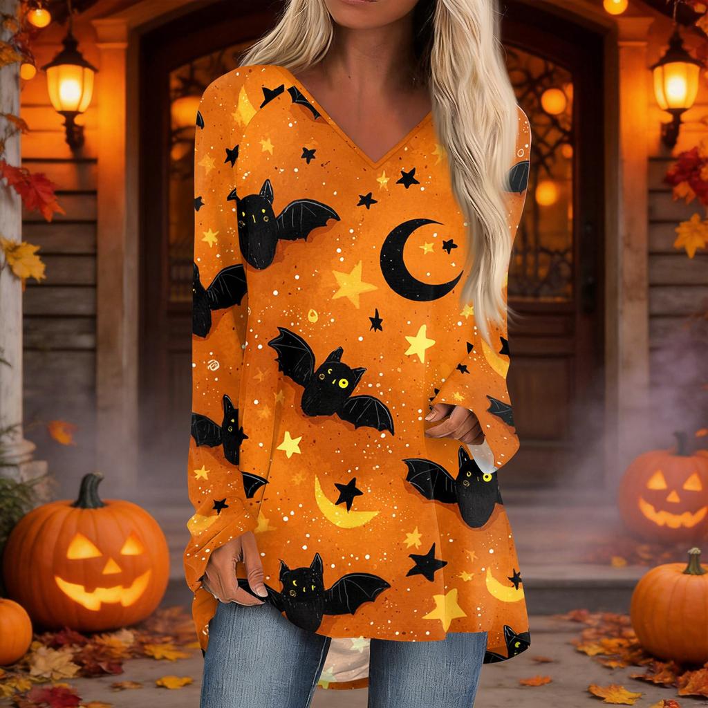 Women's Casual Long Sleeve V-Neck Print Mid-Length Tunic Top