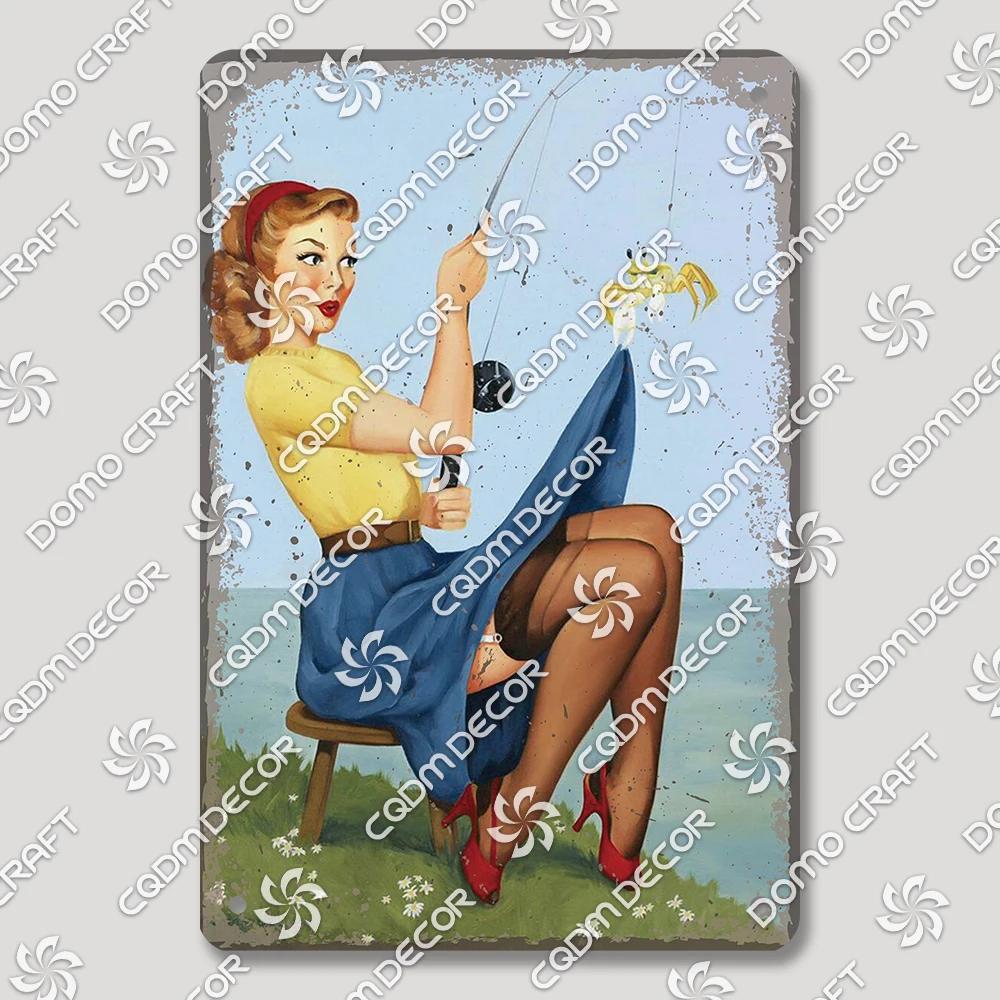 Vintage Znak Metalowy Blaszany Dziewczyny Wędkujące Retro Kobieta z Psami Dekoracja Ścienna dla Klubu Wędkarskiego Dom Wiejski