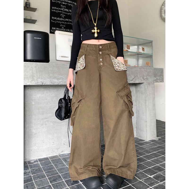 Retro Leopard Print Patchwork Wide-Leg Denim Pants for Women Medium