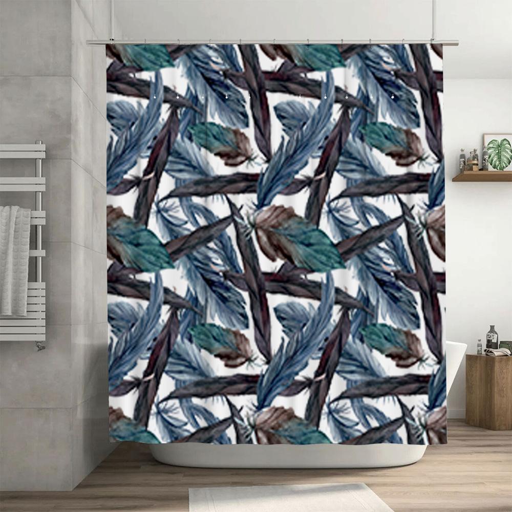 Rideau de douche imprimé plumes Tissu imperméable Décor de salle de bain pour décorations d'intérieur Couleur Bleu Vert Noir Blanc 180x243cm 70.9x9