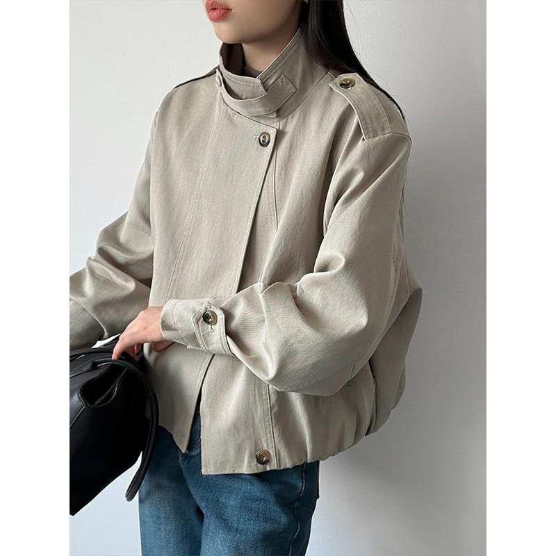 Womens Korean Style Stand Collar Loose Trench Coat Lightweight Casual Outerwear In Beige Gray Taupe
