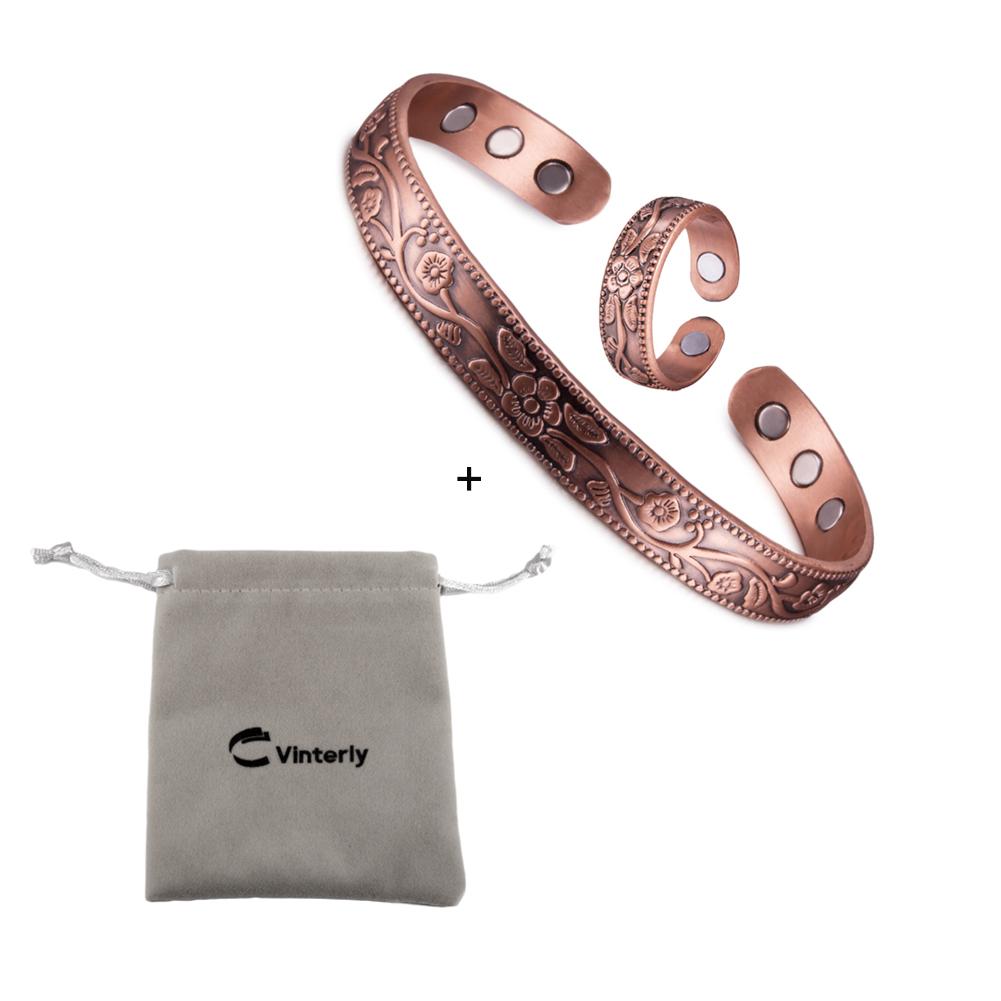 Ikuinen Магнитный комплект ювелирных изделий из чистой меди, регулируемый браслет, кольцо, винтажный комплект украшений с цветком для женщин и мужчин