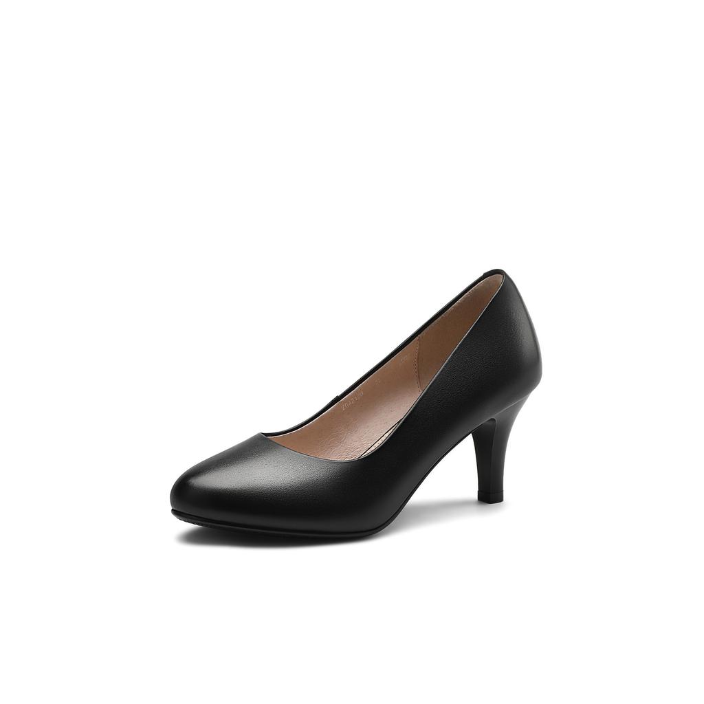 Cowhide Large-size High Heels Are Not Tired of Feet, Professional Work Shoes, Black Round Head, Light Mouth, Thin Heels, Single Shoes for Women