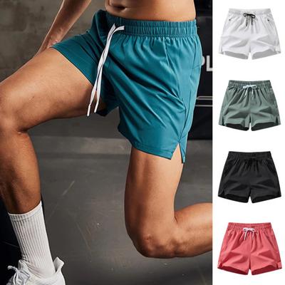 Men Summer Sport Shorts Elastic Drawstring Waist Zipper Pockets Casual Shorts Solid Color Ice Silk Wide Leg