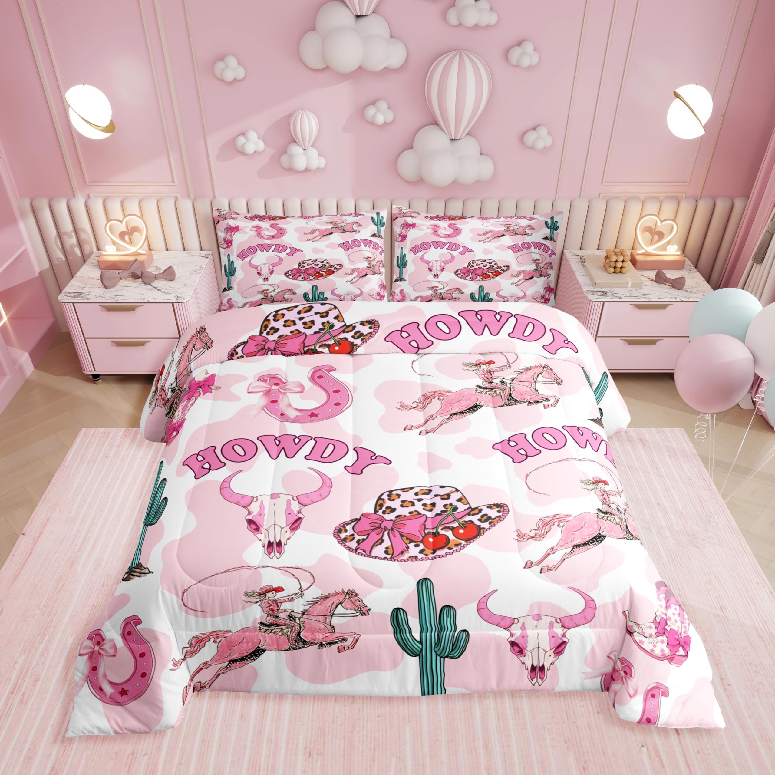 Erosebridal Cowgirl Boots Bows Twin Bedding Set,Pink Bowknot Comforter Set for Girls Kids Teen,Pink Western Cowgirl Comforter,Coquette Ribbo 155x200cm