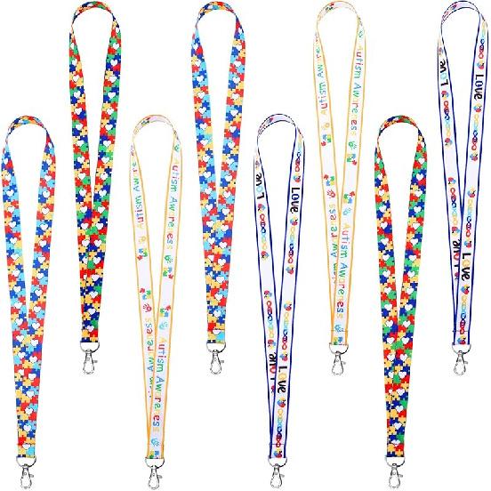 8 Pcs Autism Awareness Puzzle Printed Lanyard with Swivel Hook Autism Lanyard for ID Badges Key Chain for Asperger Awareness ONESIZE