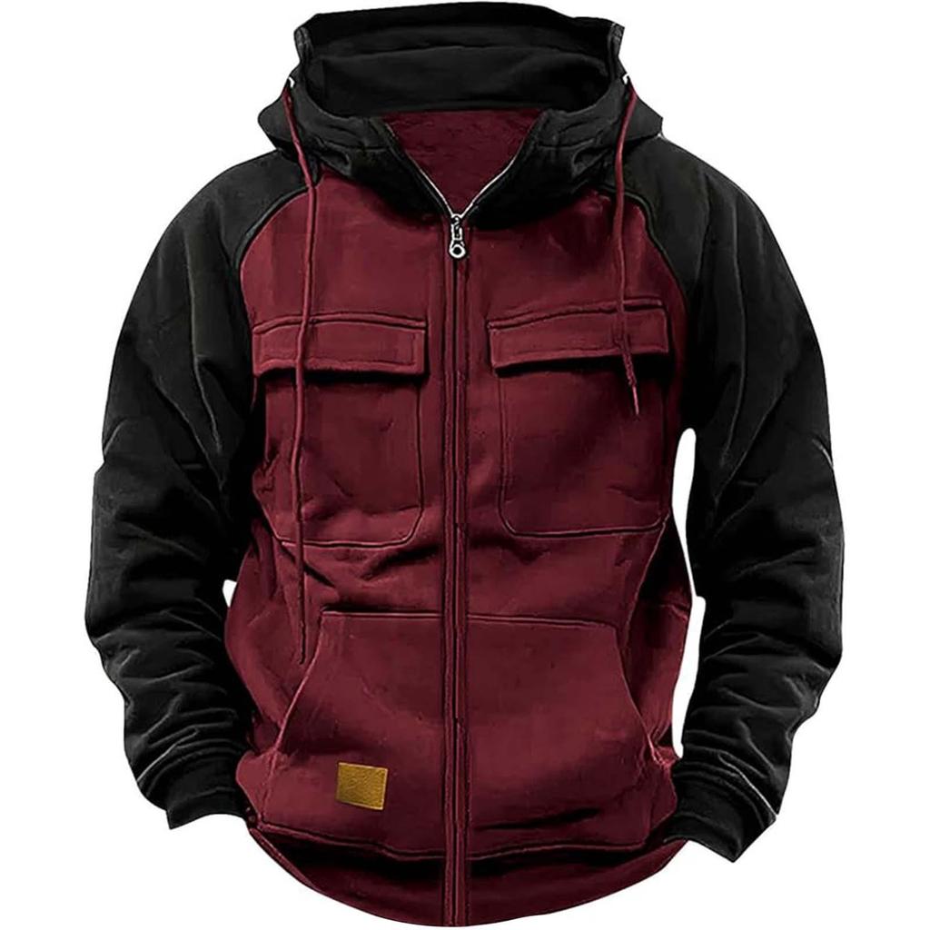 Men's Hooded Multi-Pocket Patchwork Sweatshirt - European & American Style, Spring/Autumn, Solid Color, Youth Sport Workwear