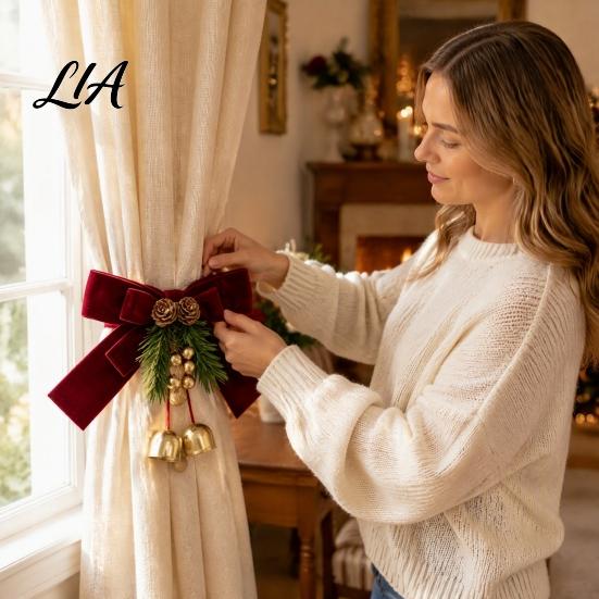 Festive Drapery Holdbacks Christmas Velvet Curtain Tiebacks with Golden Bells, Artificial Pine Needle, Holiday Party Supplies Cones, Decorative Drape