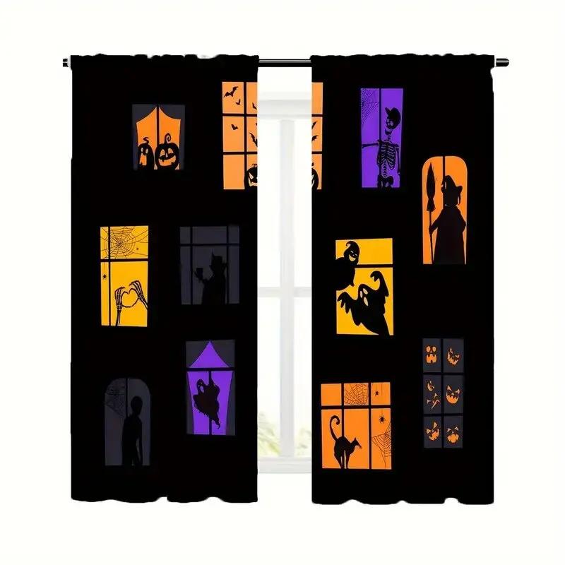 Set Of 2 Halloween Themed Pattern Printed Curtains Window Decorations Home Room Curtain Made Polyester