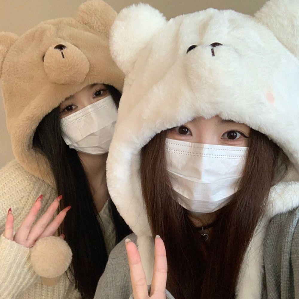 Cute Bear Pattern Women Plush Ear Protection Cap with Ties Lei Feng Hat  Winter Outdoor