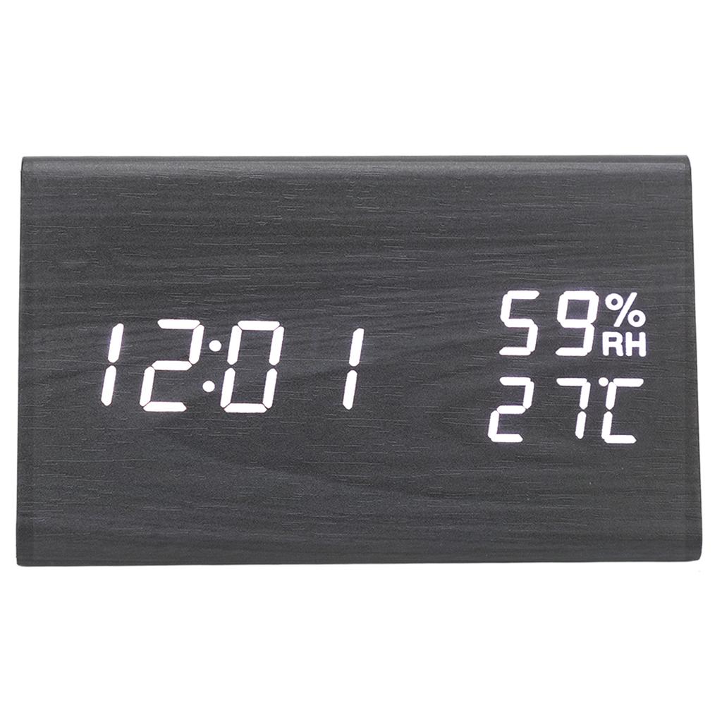 Wooden Digital Alarm Clock Triangular Voice Control Electronic LED Clock for Bedroom Office Black Wood White Letter