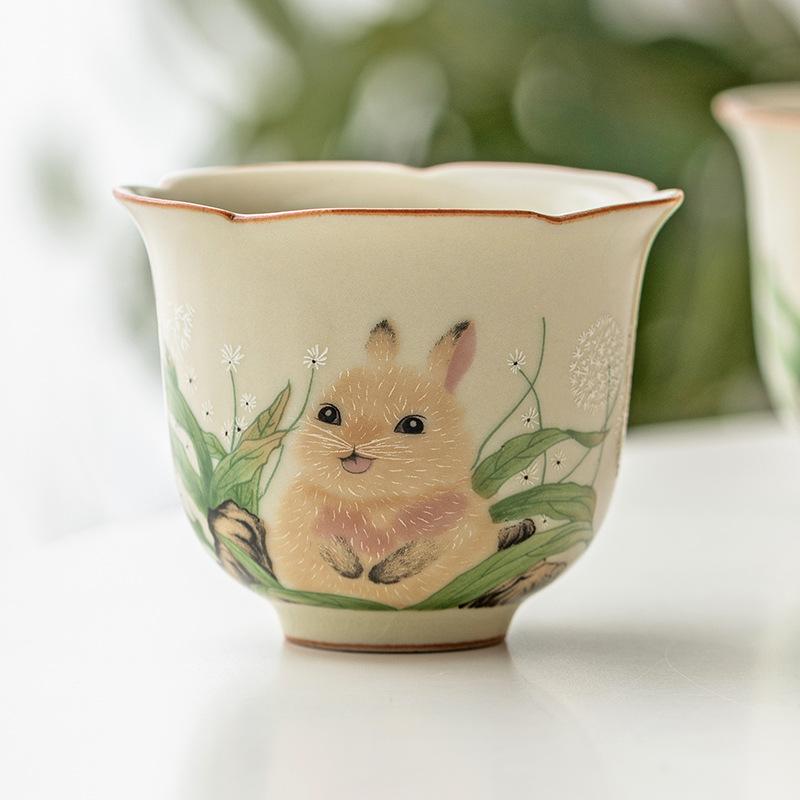 Cute Rabbit Ruyao Teacup Handmade Ceramic Flower Petal Design Gongfu Tea Cup Tea Lover Gift