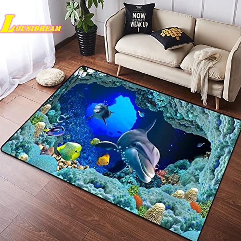 Underwater World Carpet Ocean Carpet Cute Dolphin Pattern Anti-slip Floor Mat Living Room Bedroom Sofa Children's Room Carpet