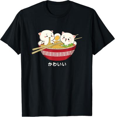 Kawaii Cat Ramen Eating Noodle Graphic Tee Cute Japanese Animal Lover Cotton T-Shirt For Unisex Teens
