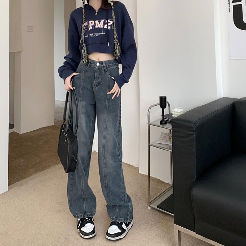 Autumn and Winter New Retro Blue Thin Denim Straight-leg Pants Women's 2025 Popular High-waisted Wide-leg Mopping Pants