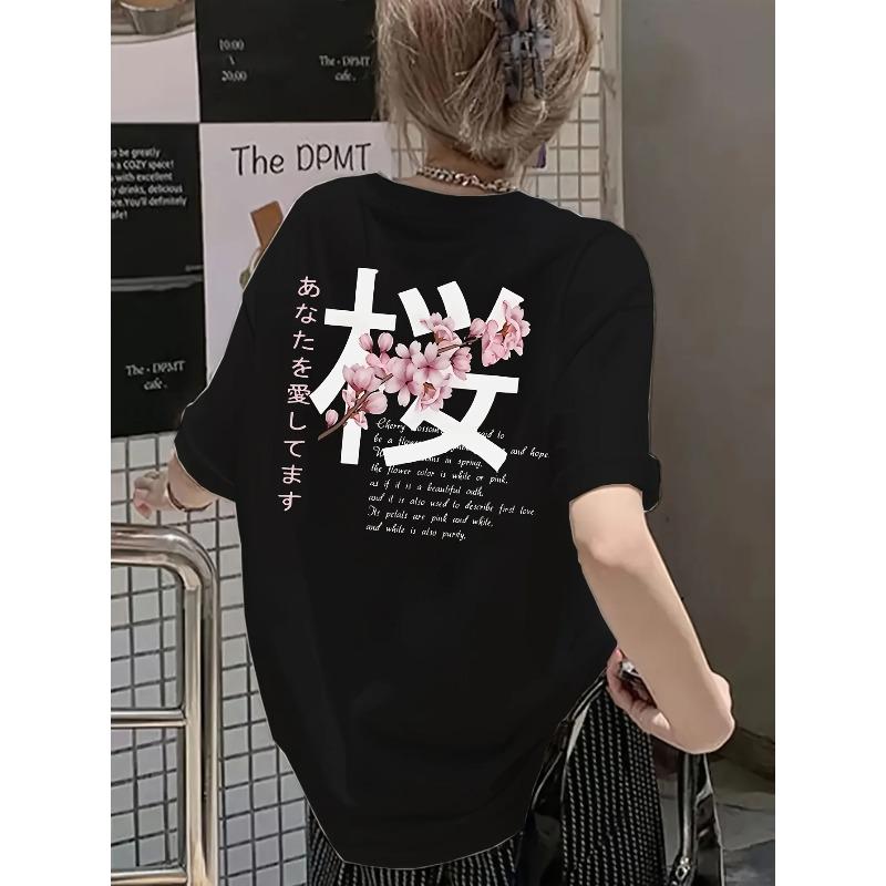 Summer Women's Y2K Floral Print Cotton T-Shirt Black Cherry Blossom Japanese Text Design Round Neck Short Sleeve Casual Top
