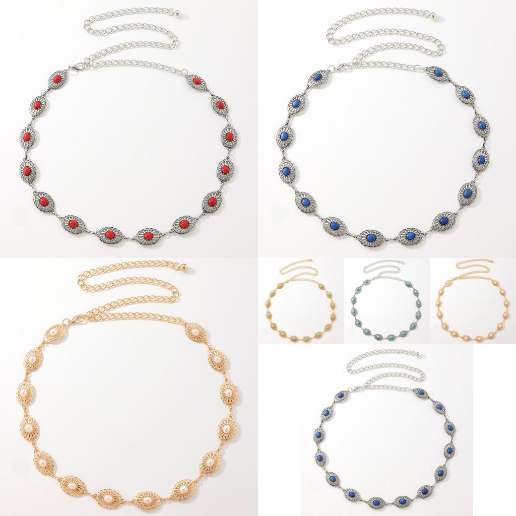 Bohemian Woman Metal Waist Chain With Pearl Embellishments For Summer Fashion Accessory
