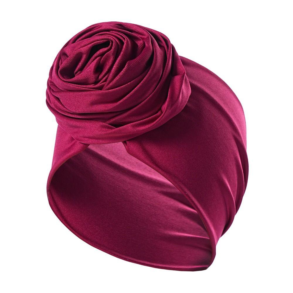 Elastic Boho Flower Bandana Raw Silk African Turban Cap Big Rose Flower Hairband  Hair Accessories