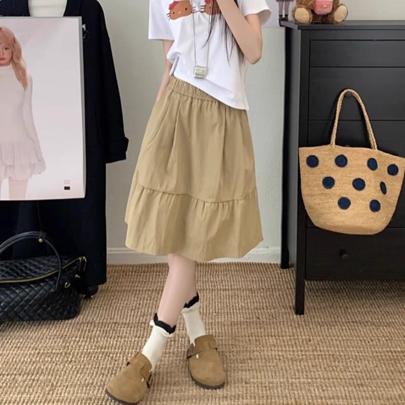 Academic-style Khaki Casual All-match Versatile Skirt for Spring Design-driven Age-defying Pure Cotton Pocket Midi Skirt with A-line Silhouette