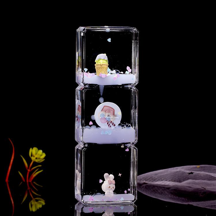 Geometry 3Layers Acrylic Square Cartoon Rabbit Oil Drop Drifting World Toy Children Hourglass Toy For Creative Kid Birthday Gift