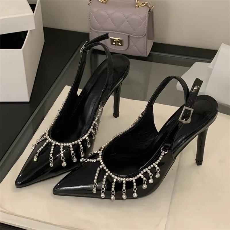 

Fashion Eilyken Design Crystal Tassel Pointed Toe Women Pumps Buckle Strap Sexy Stripper Party Thin High Heels Sandals Shoes 35 чёрный