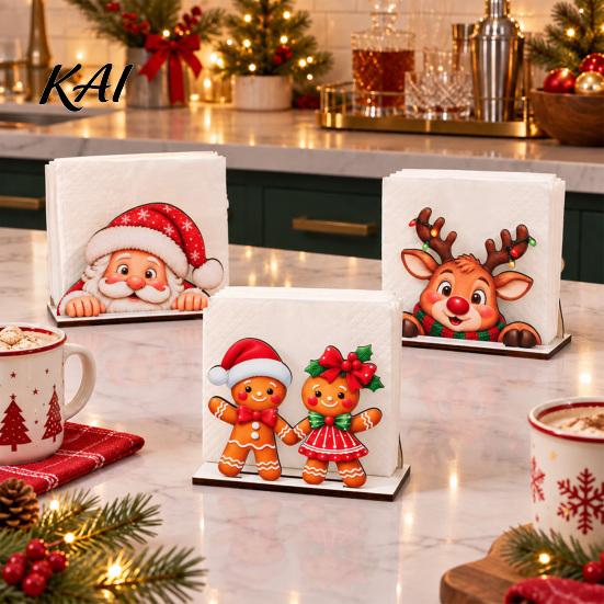 Decorative Paper Holder Wooden Christmas Napkin Holder, Cute Gingerbread Elk Santa Standing Tissue Dispenser, Stable Rack Farmhouse Cocktail Serviette