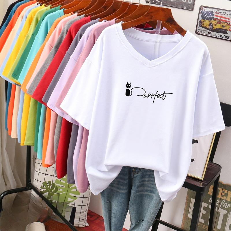 Short-sleeved T-shirt for Women, Large Size, Loose and Slimming, Printed V-neck Top