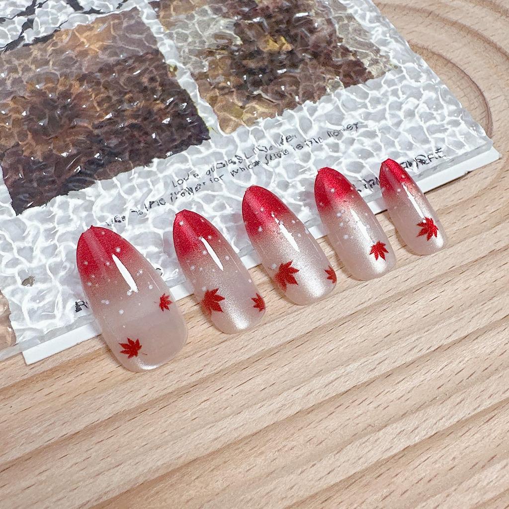 30Pcs Fall Press On Nails Medium Almond Red Maple Leaf Fake Nails with Gradient Designs Fall Leaves Stick On Nails Full Cover Autumn Acrylic Nails