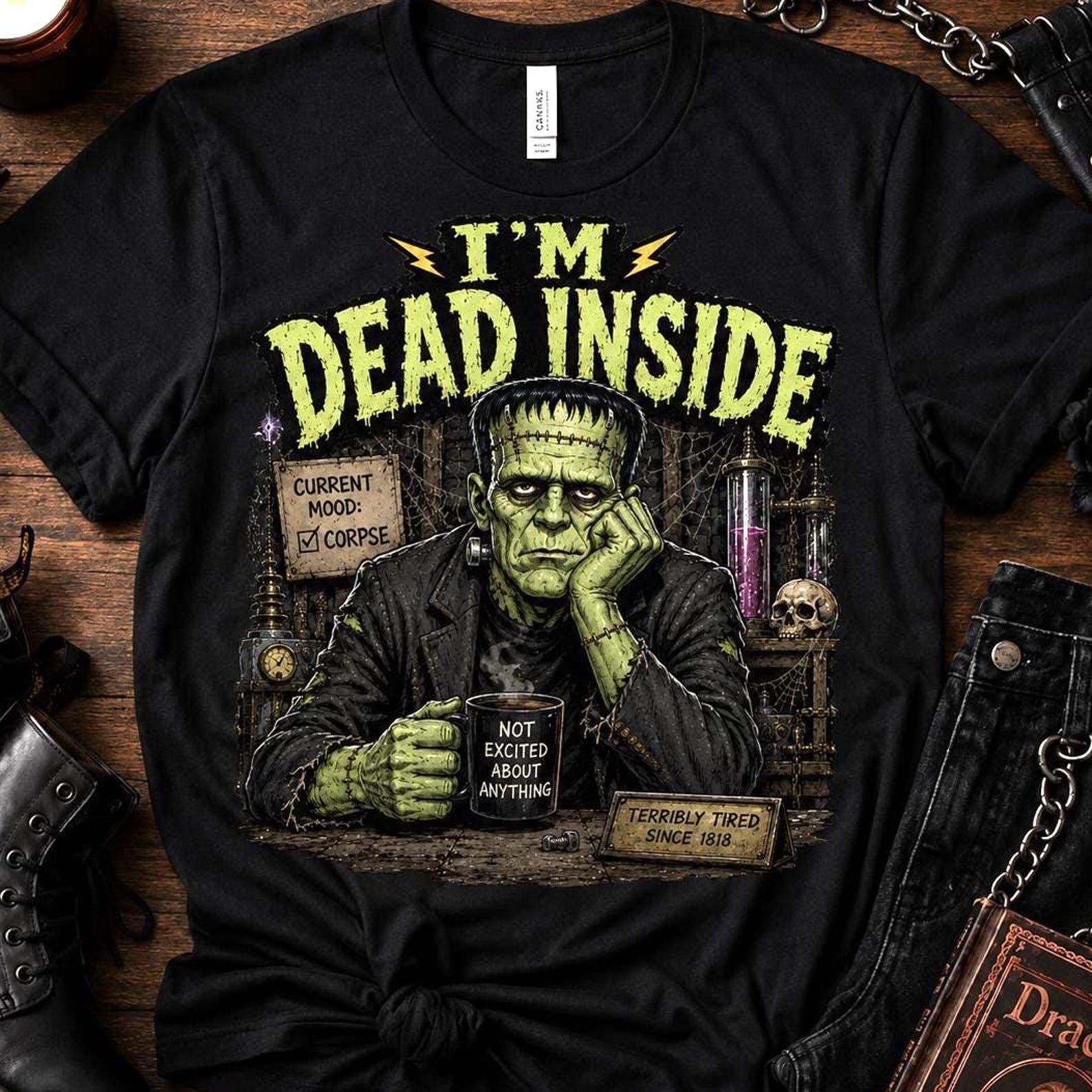 Frankenstein Dead Inside Shirt Funny Gothic Tee | Frankenstein Monster Humor T-Shirt | Spooky Halloween Apparel, Vintage Horror Comedy, Goth 4XL