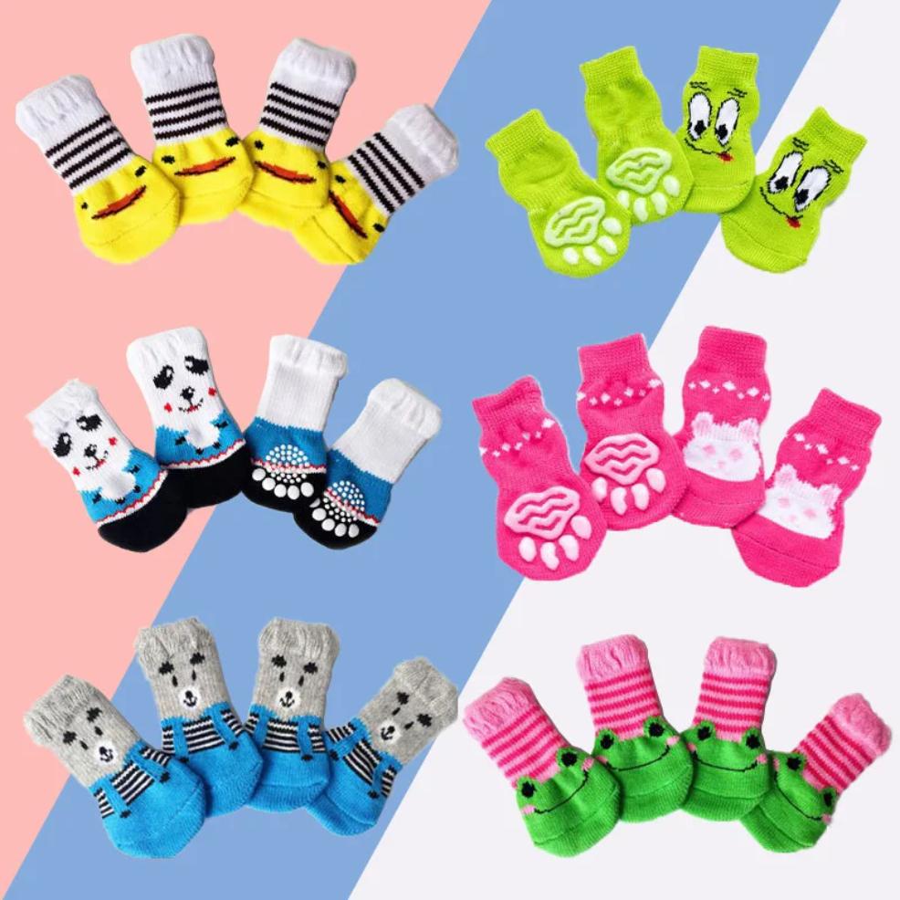 4 Pcs/set Cat and Puppy Shoes Of Cute Pet Dog Socks with Printed Non-slip To Protect and Prevent Dirt Warm Pet Puppy Socks