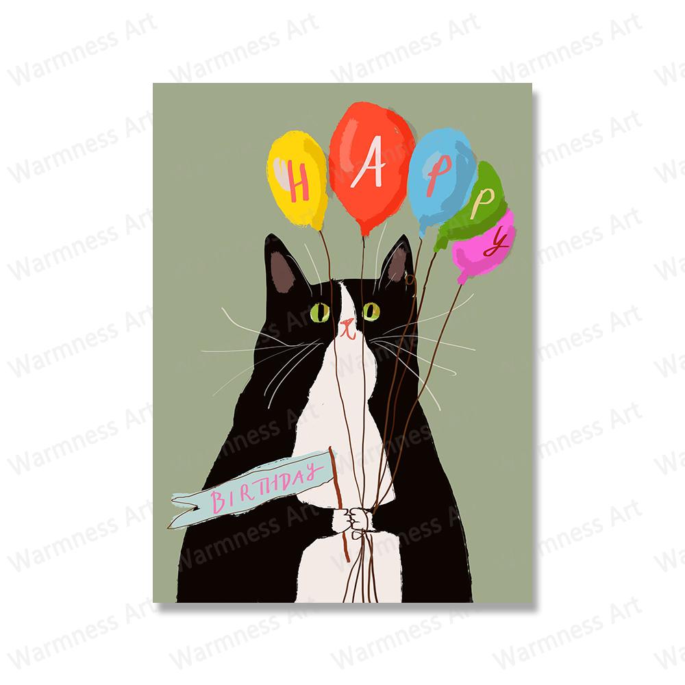 Alles Gute zum Geburtstag Katze Poster und Drucke Nordische Wandkunst Lustige Kaffeezeit Katzen Leinwand Malerei Bilder für Wohnzimmer Dekoration
