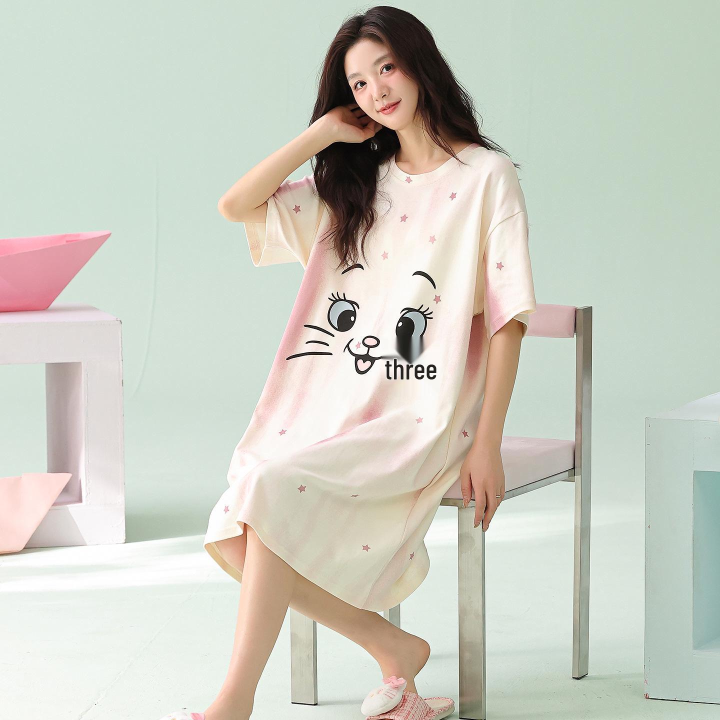 Women s Pure Cotton Cute Cartoon Short-Sleeve Nightgown - Plus Size, Loose Fit for Summer Extra Extra Large