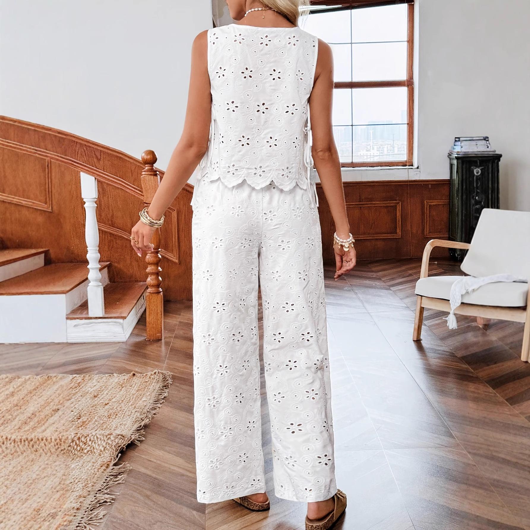 

Women Sleeveless Eyelet Lace Top And Wide Leg Pants Set Solid Color Casual Summer Outfit S белый