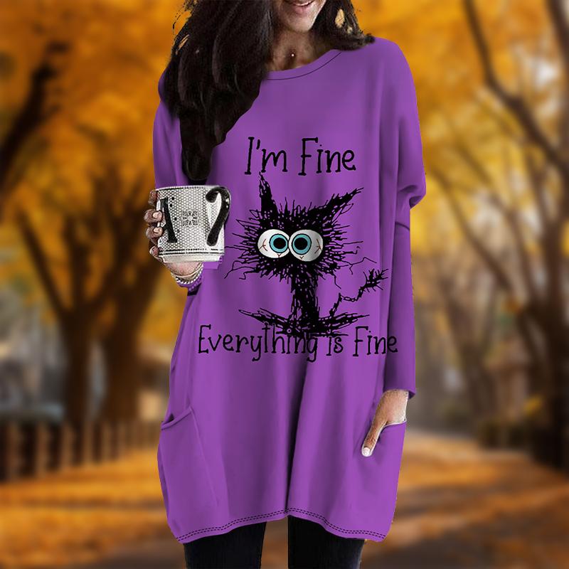 New In Autumn Melancholic Cat Print Plus Size Dress Women O'neck Long Sleeves Casual Pocket Dresses
